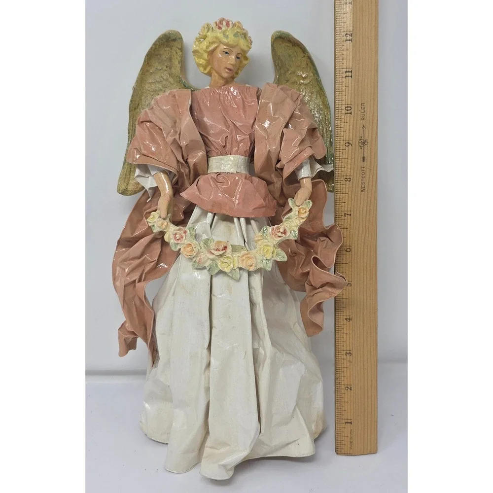 Amlings Angel Paper Mache  Christmas Tree Topper Figurine with Wreath and Wings‎